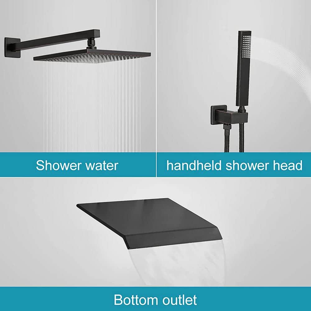 Matte Black 10-Inch Square Rainfall Shower Head with Handheld Spray