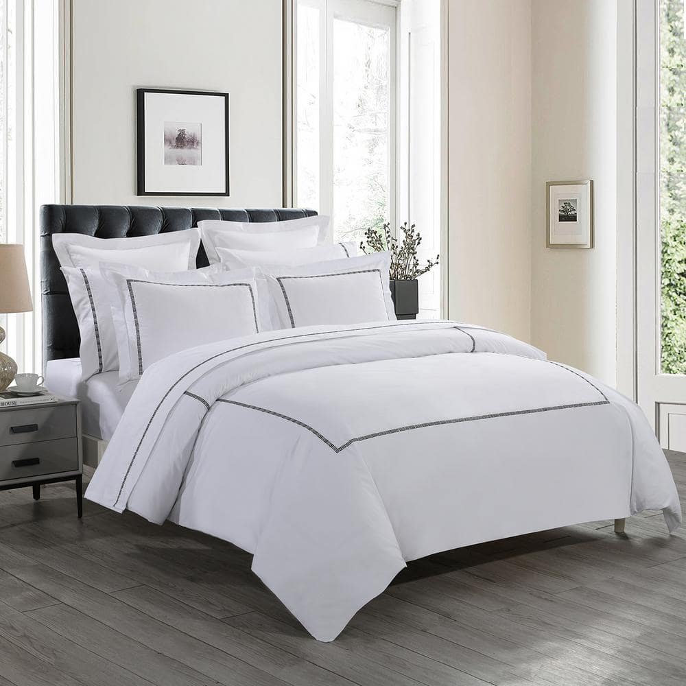 Hotel Grand TENCEL Lyocell and Cotton Blend Embroidered Black Twin Duvet Cover Set, White/Black -  502817