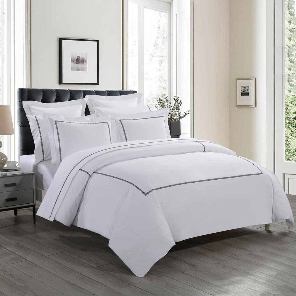 King White and Black Cotton Embroidered Sheet Set