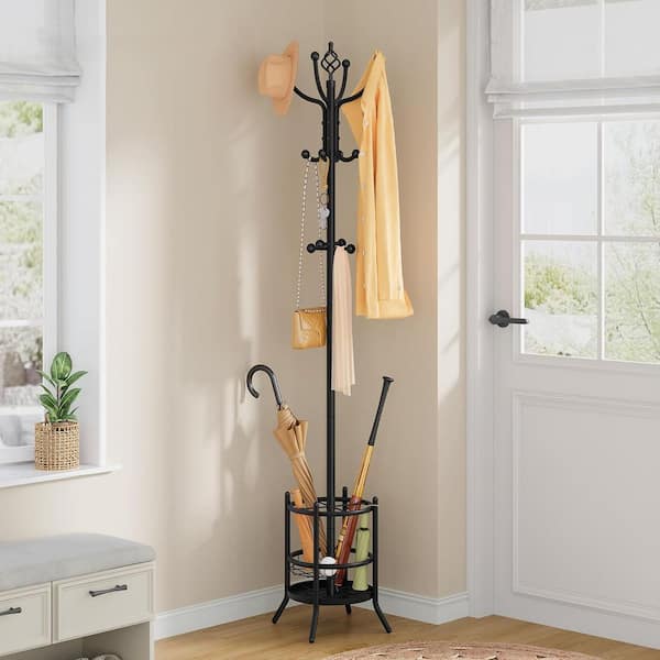 Coat Rack Stand Black Metal Umbrella Stand with 16-Hooks Freestanding Entryway Organizer for Home Office