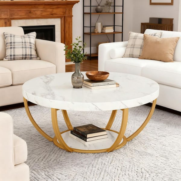 31.7 in. Modern White Round Wood Coffee Table with Storage, 2-Tier Small Faux Marble Center Table for Living Room
