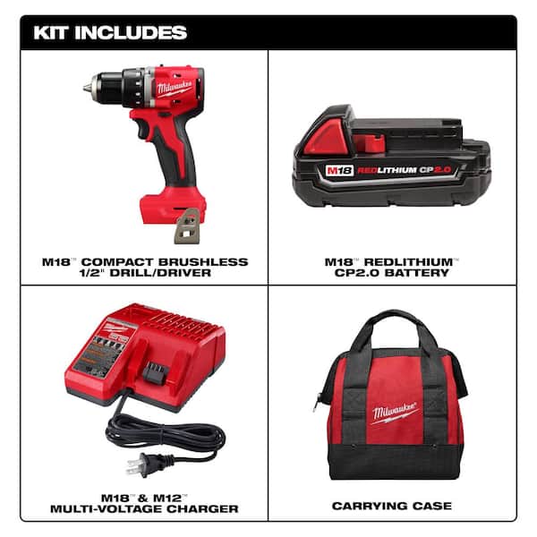 Milwaukee M18 18-Volt Lithium Ion Brushless Cordless 1/2 in. Compact Drill/Driver Combo Kit with Titanium Drill Bit Set (23-Piece)