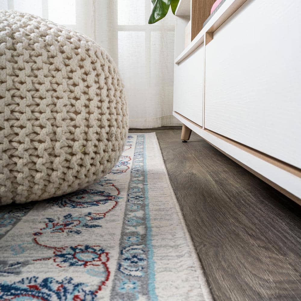 Ivory and Blue Floral Synthetic 5' Square Rug