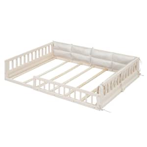 Beige Wood Frame Full Size Platform Bed with Pillows and Guardrails