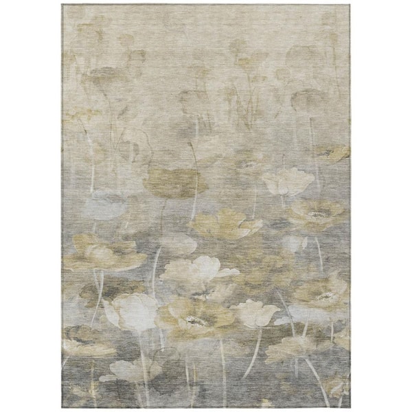Beige, Taupe, Wheat 9 ft. x 12 ft. Woven Floral Polyester Rectangle Indoor / Outdoor Area Rug