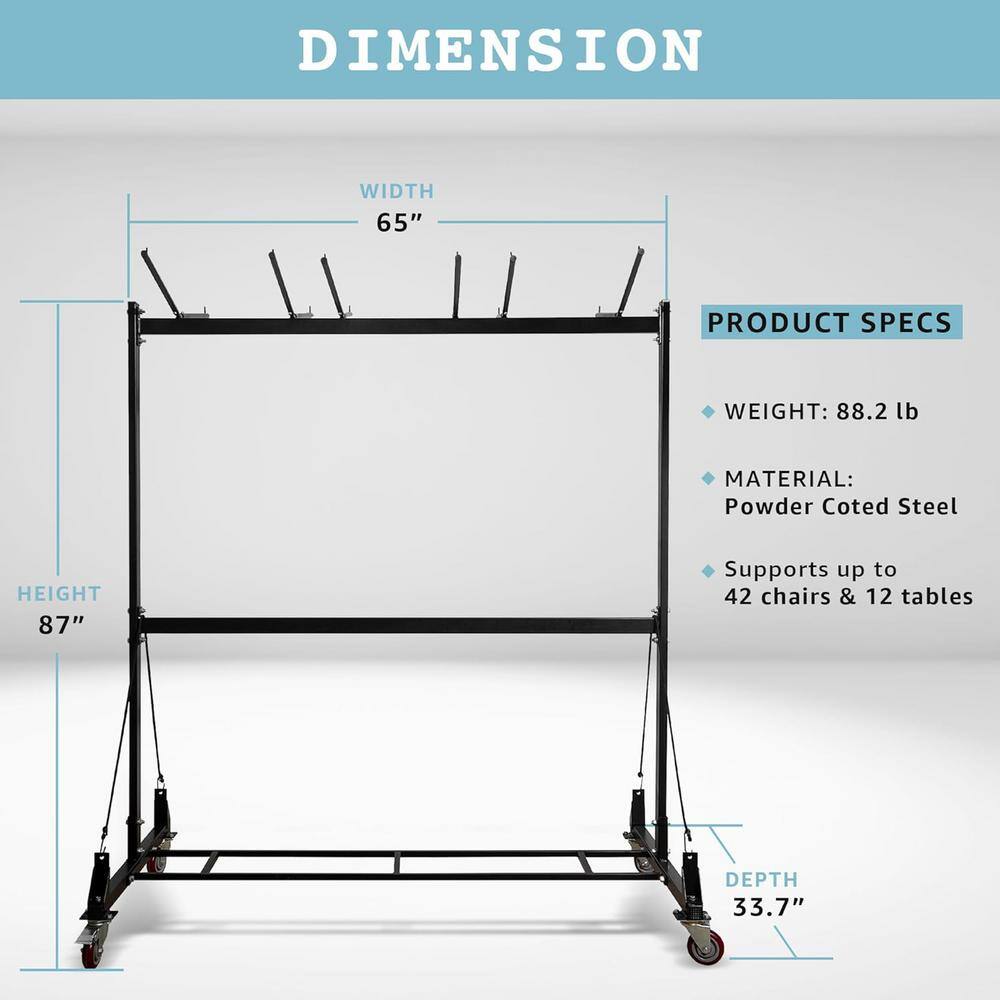 Black Steel Folding Chair and Table Storage Cart with Wheels