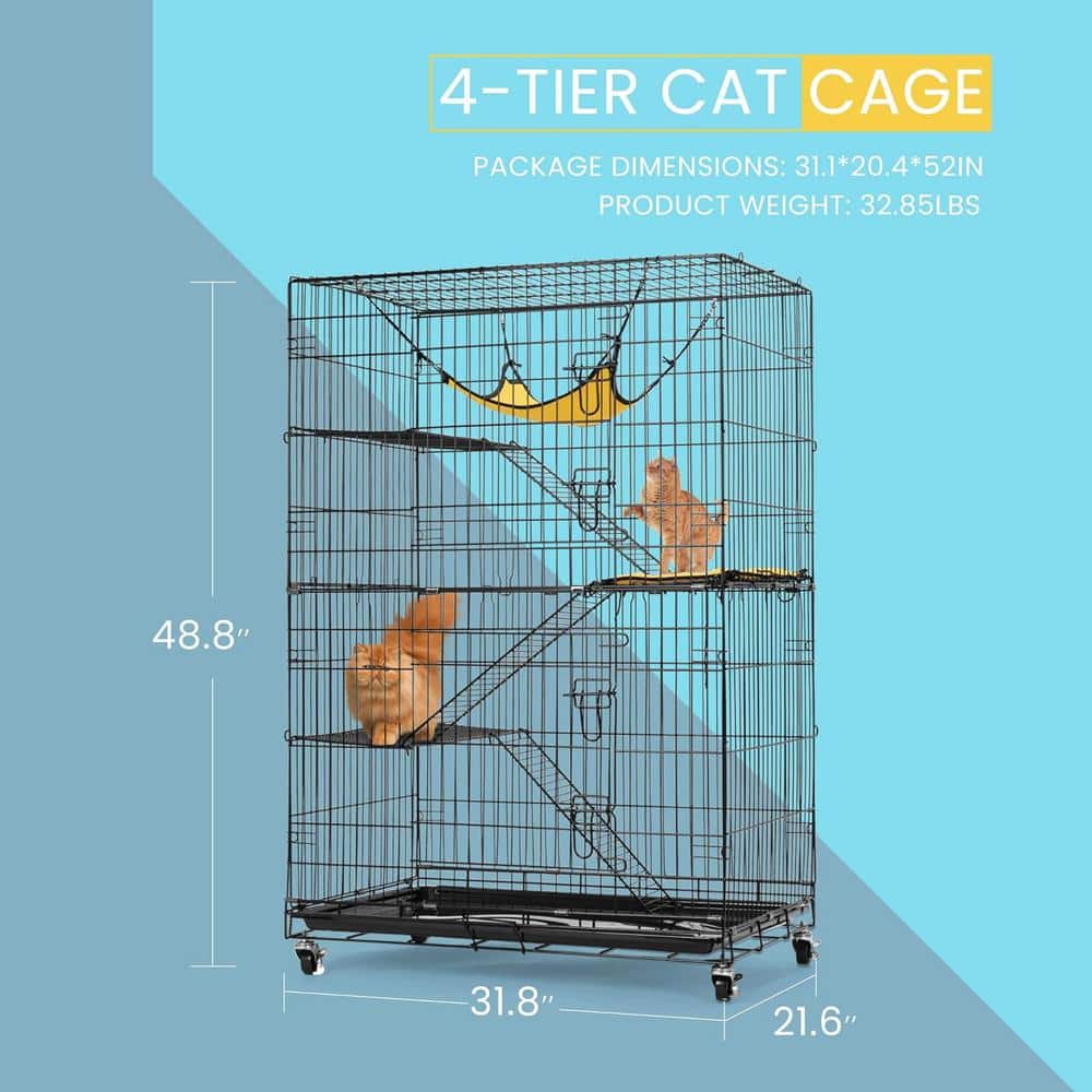 49-Inch Black Metal 4-Tier Cat Cage with Hammock and Ramps