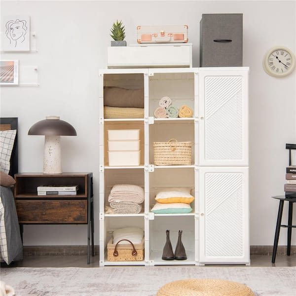 53.5 in. H x 40.9 in. W x 19.7 in. D White Plastic Portable Closet Clothes with 12 Cubby Storage
