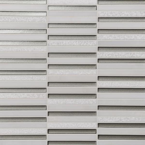 Kaikos 3/8" x 4" Stacked Glass and Stone Mosaic in Grey and Oriental White (9.682 sq. ft. /Case)
