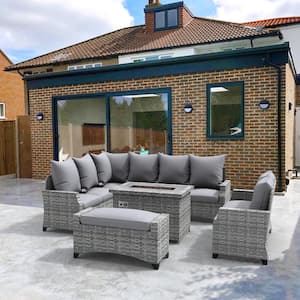 Ethan Gray 5-Piece Wicker Patio Fire Pit Conversation Sofa Set with Gray Cushions