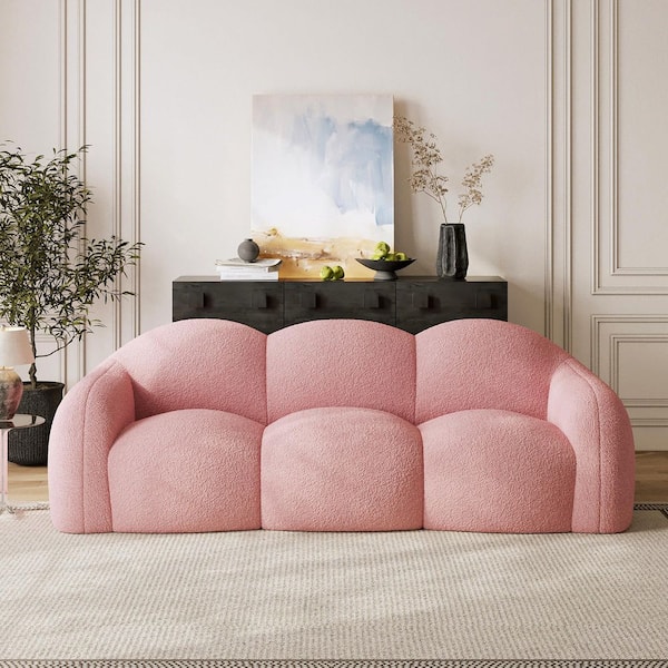 90 in. Straight Arm 3-Seater Curved Comfy Teddy Velvet Bubble Sofa Floor Sofa Cloud Shaped Memory Foam in. Pink