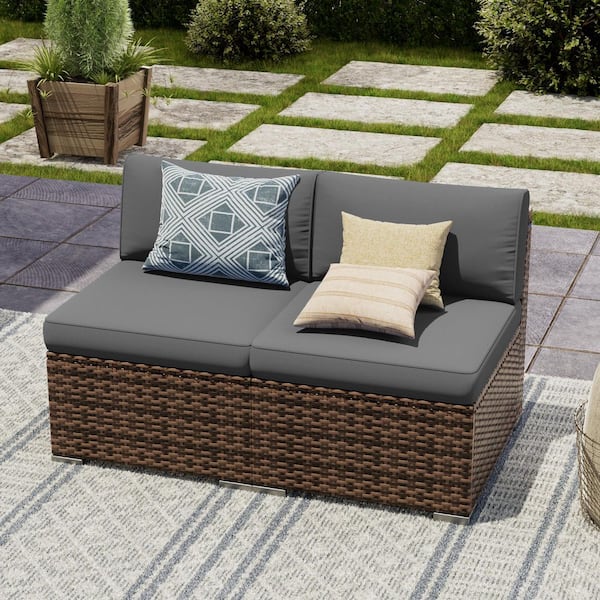 2 Series Brown Wicker Outdoor Sectional Set with Gray Cushion