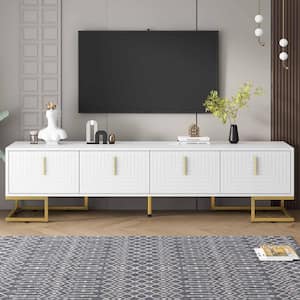 White/Gold TV Stand Fits TV's Up to 80 in. with Metal Legs and Gold Handles, Cabinets and Adjustable Shelves