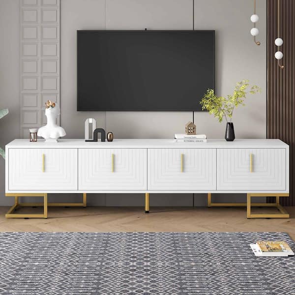 Polibi White/Gold TV Stand Fits TV's Up to 80 in. with Metal Legs and Gold Handles, Cabinets and Adjustable Shelves