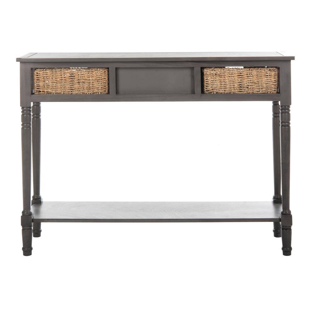 Gray Transitional Wood Console Table with Wicker Storage