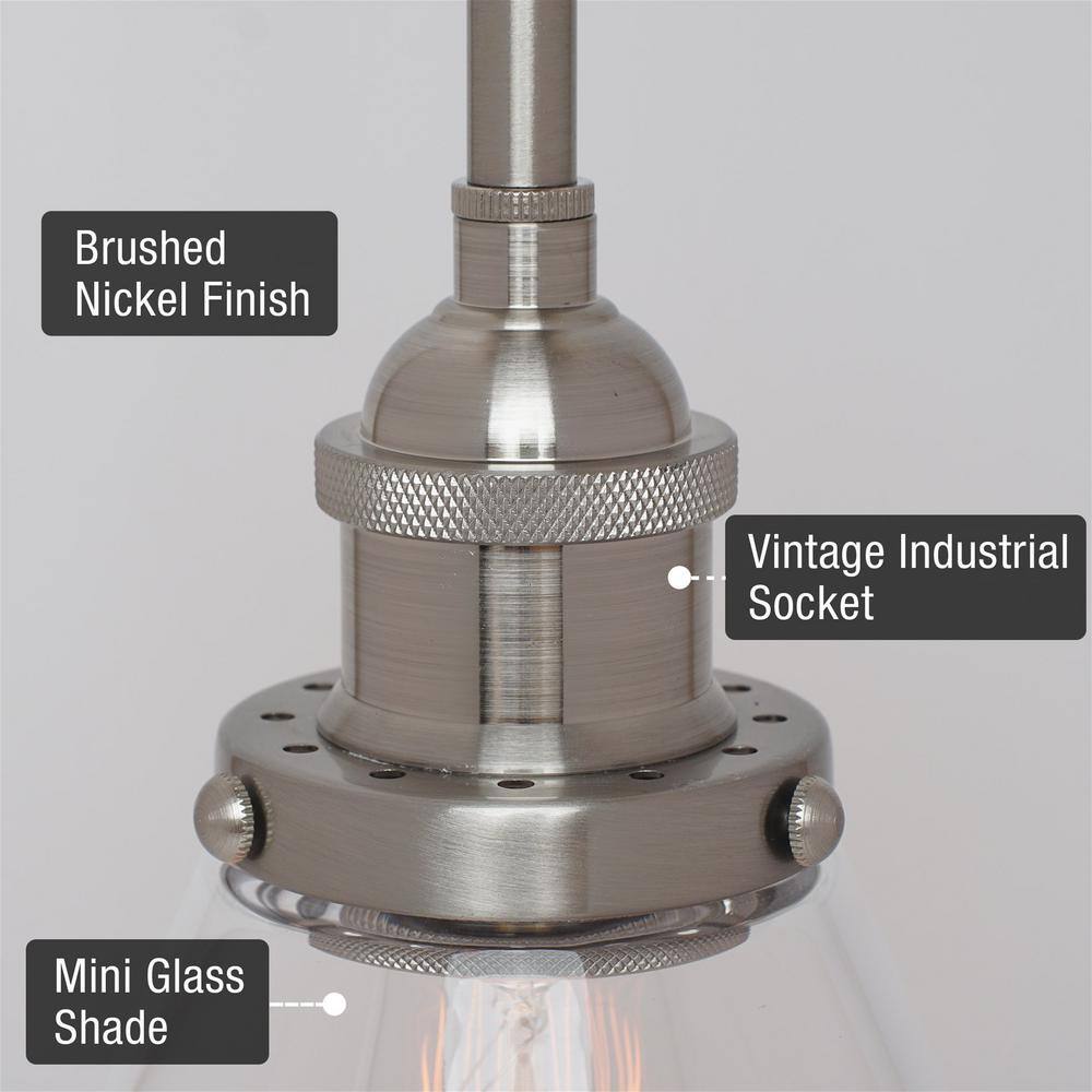 Porter 8" Mini Industrial Pendant Light with Clear Glass Shade, Brushed Nickel