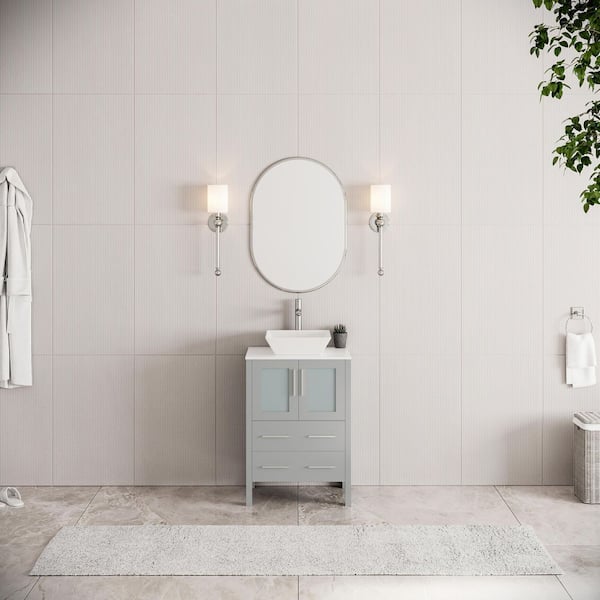Torino 24 in. Bath Vanity in Gray with Glass Stone Vanity Top in White with White Vessel Sink