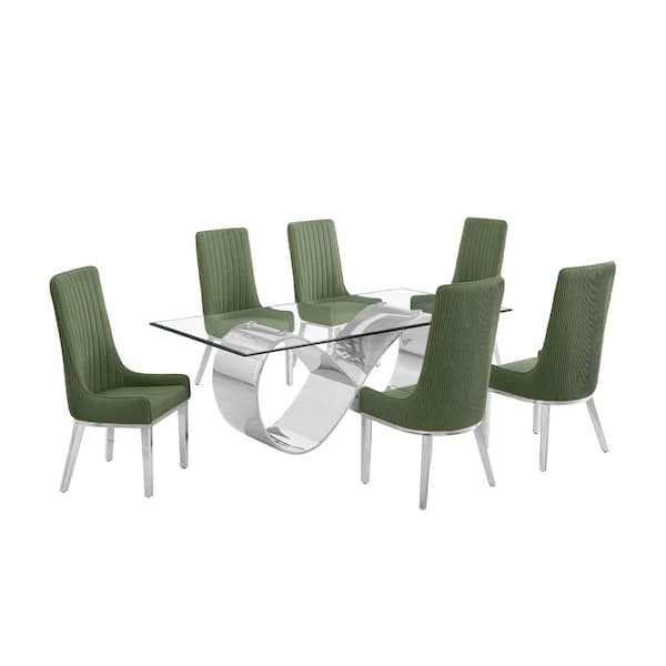 Garrett 7-Piece Clear Tempered Glass Top with Stainless Steel Base Dining Set with 6 Green Fabric Chairs