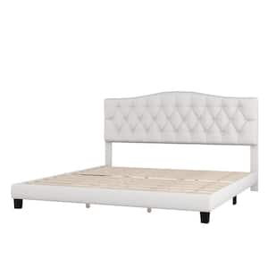 Cody Beige Wood Frame King Size Platform Bed with Diamond Button Tufted Headboard