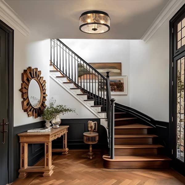 Modern Farmhouse 12 in. 3-Light Black Flush Mount Light, Round Crackle Glass Brass Ceiling Light for Bathroom, Foyer