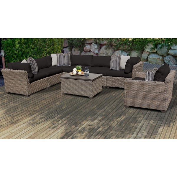 TK CLASSICS Monterey 8-Piece Wicker Patio Conversation Sectional Seating Group with Black Cushions