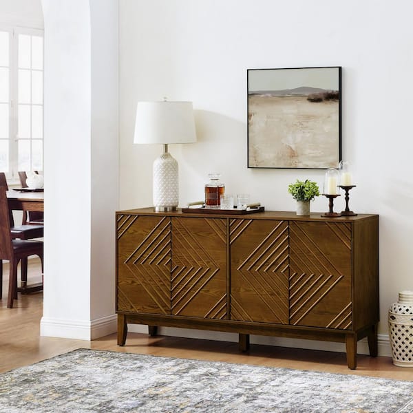 Farmhouse Antique Brown Wood 60.5 in. Sideboard with Geometric Pattern and Adjustable Shelves
