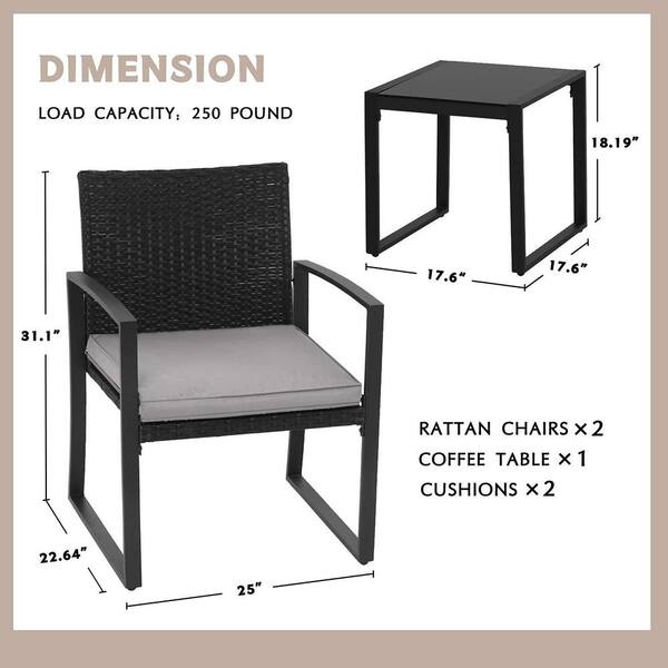 Suncrown Black 3-Piece Wicker Outdoor Bistro Set with Gray Cushion - image 4