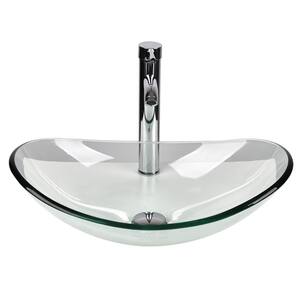 Glass Oval Vessel Sink in Clear with Faucet Pop Up Drain Set