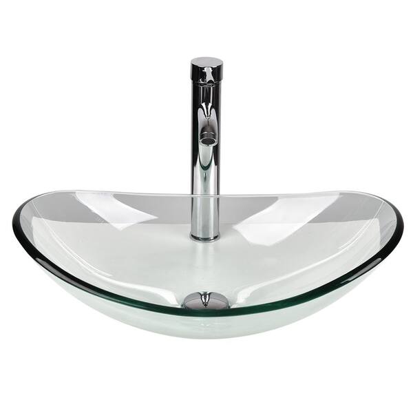 Bathroom Silver Tempered Glass Vessel Bowl Basin Oval Boat Sink Faucet PopUp Set 