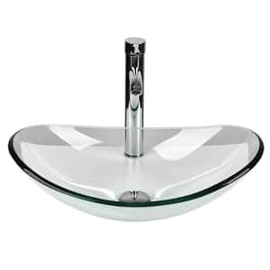 Glass Oval Vessel Sink in Clear with Faucet Pop Up Drain Set