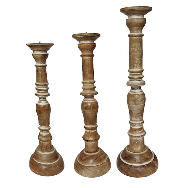 Benjara Brown Handcrafted Distressed Wooden Candle Holder with Pedestal Body (Set of 3)