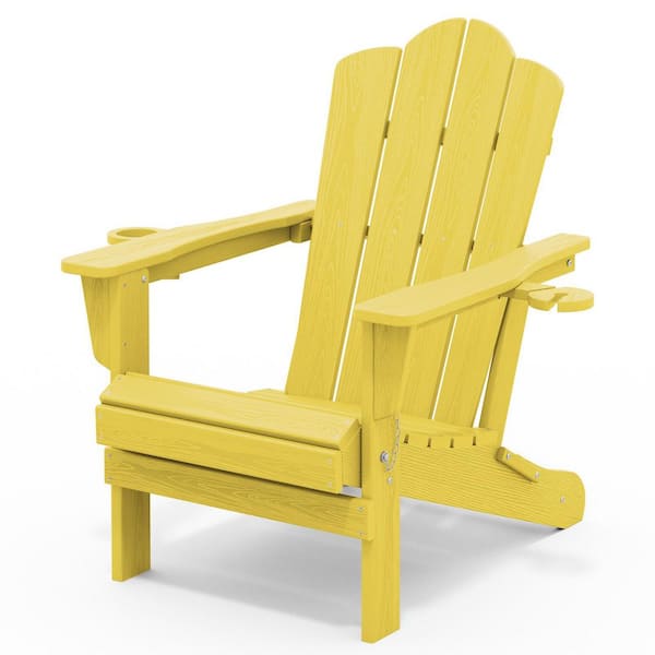 Classic Outdoor HDPE Folding Plastic Adirondack Chair with 2 Cup Holders in Yellow (Set of 1)