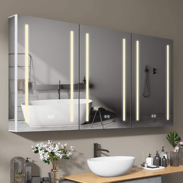 60 in. W x 30 in. H Recessed or Surface Mount Rectangular Aluminum LED Medicine Cabinet White Bathroom with Mirror