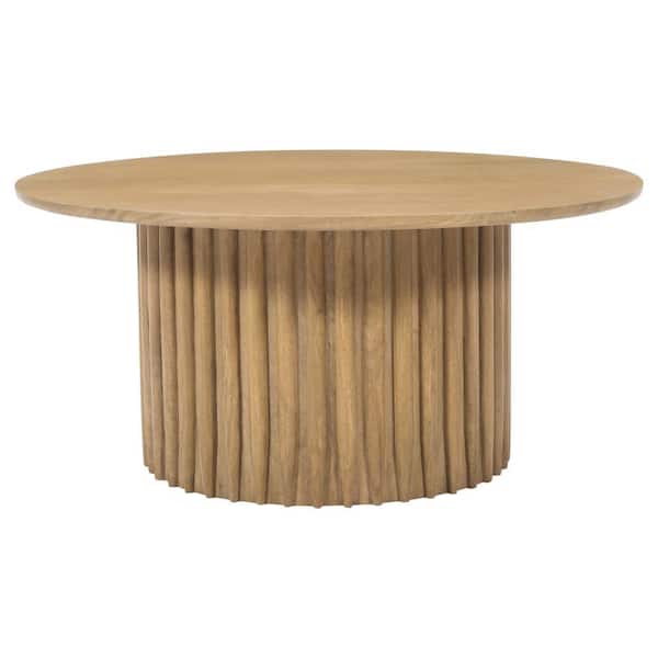 THE URBAN PORT 34 in. Brown Round Mango Wood Coffee Table with Fluted Base