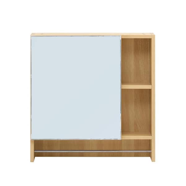 22 in. W x 22 in. D x 5 in. H Bathroom Wall Mount Linen Cabinet with Mirror, Shelves and Towel Rack, Burly Wood