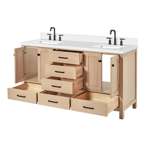 Cambridge 66 in. Double Sink Freestanding Bathroom Vanity in Oak with Pure White Quartz Top