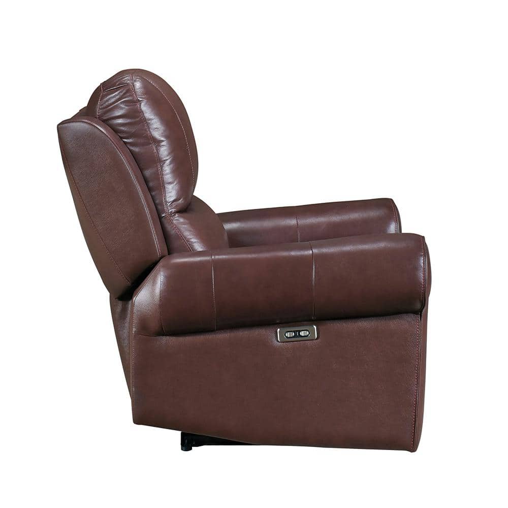Brown Leather Power Recliner with Wood Frame and USB Port