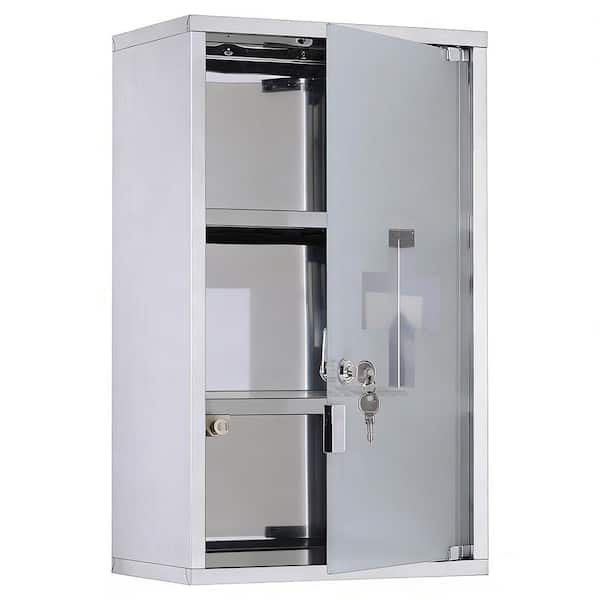7 in. W x 11.75 in. D x 19.75 in. H Bathroom Storage Wall Cabinet in Silver with Glass Door and 2 Keys