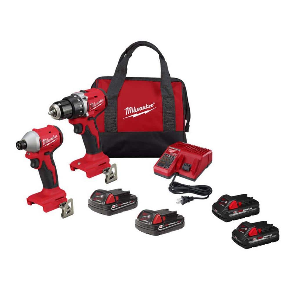 M18 18-Volt Lithium-Ion Brushless Cordless Compact Drill/Impact Combo Kit (2-Tool) with (4) Batteries, Charger and Bag -  Milwaukee, 3692-22CT-837