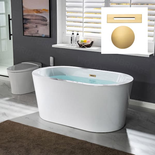 WOODBRIDGE Hackensack 56 in. Acrylic FlatBottom Double Ended Bathtub with Brushed Gold Overflow and Drain Included in White