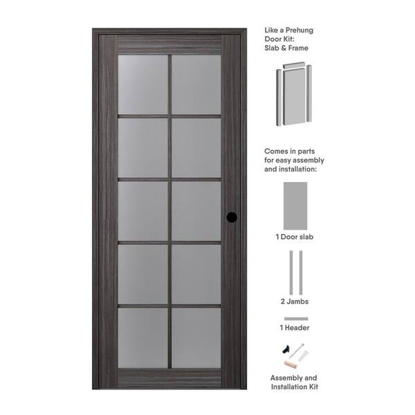 Belldinni Paola 30 in. x 80 in. Left-Handed 10-Lite Frosted Glass Solid Core Gray Oak Wood Single Prehung Interior Door