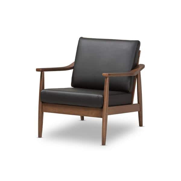 Venza Mid-Century Modern Lounge Chair in Black Faux Leather & Walnut