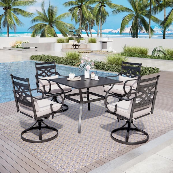PHI VILLA 5-Piece Metal Patio Outdoor Dining Set with Square Table and Cast Iron Swivel Chair with Beige Cushions