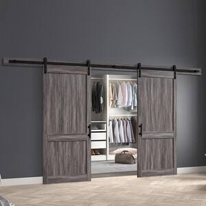 Dorian 36 in. x 84 in. Textured Aged Wood Double Sliding Barn Door with Solid Core and U-Shape Soft Close Hardware Kit
