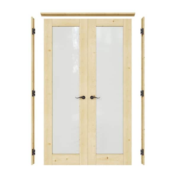 48 in. x 80 in. 1-Lite Frosted Glass Universal Solid Core Unfinished Pine Wood Double Prehung French Door plus Pine Jamb