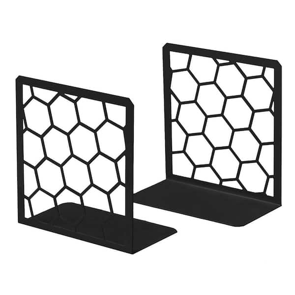 Black 6 in. x 6.3 in. Metal Geometric Honeycomb Design Bookend, 1-Pair