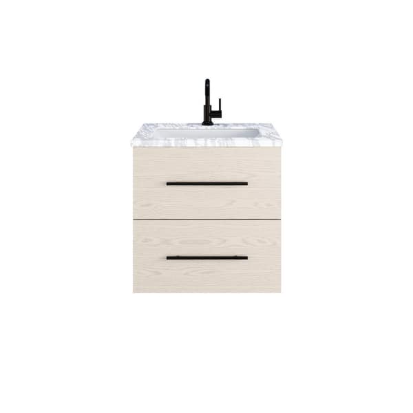 Napa 24 in. W x 22 in. D x 21.7 in. H Single Sink Bath VanityWall in Natural Oak with White Carrera Marble Countertop