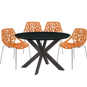 Ravenna 5-Piece Dining Set with 4-Stackable Plastic Chairs and Round Table with Geometric Base, Orange