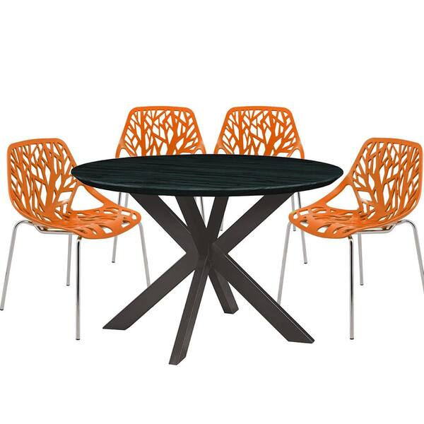 Leisuremod Ravenna 5-Piece Dining Set with 4-Stackable Plastic Chairs and Round Table with Geometric Base, Orange