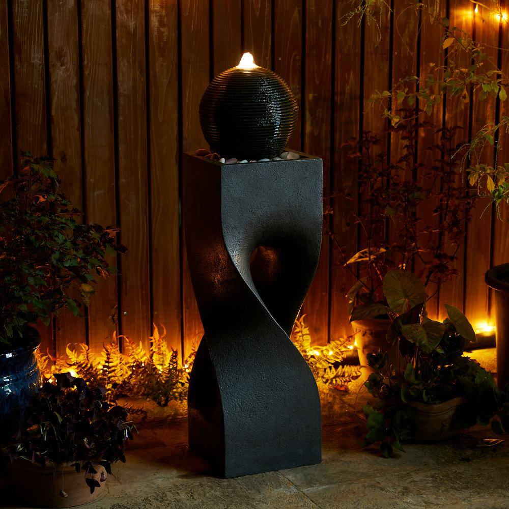 Modern Gray Polyresin Pedestal Fountain with LED Light